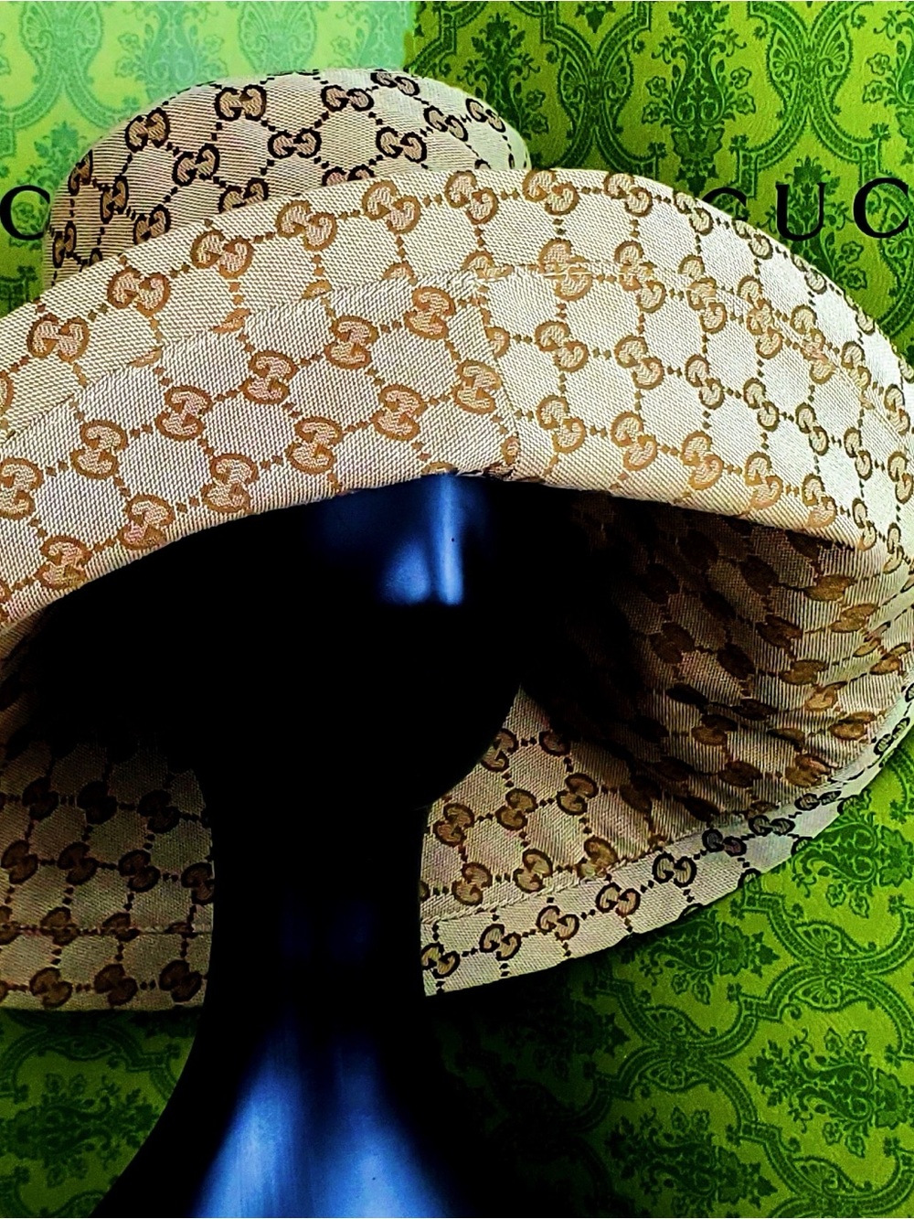 Beige Monogram Bucket Hat Wide Brim Large Jacquard Canvas Beach Sun Coverage - Picture 12 of 16